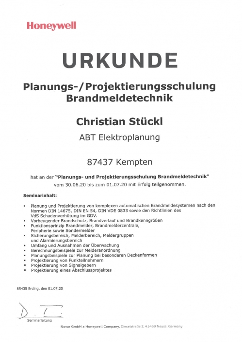 Planungs- und Projektierungsschulung Brandmeldeanlage